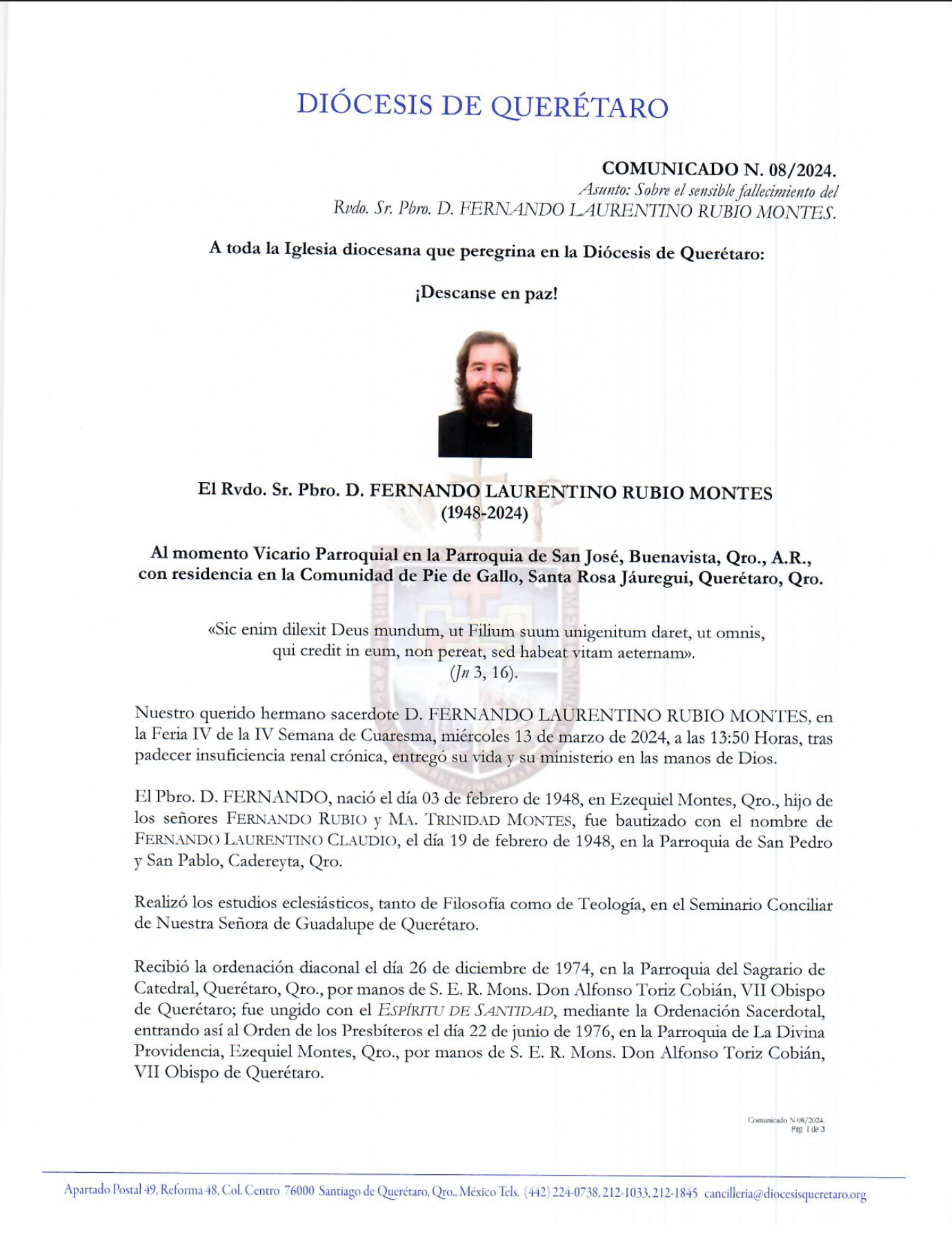 COMUNICADO N. 08/2024. Asunto: Sobre el sensible fallecimiento del Rvdo. Sr. Pbro. D. FERNANDO LAURENTINO RUBIO MONTES. 1